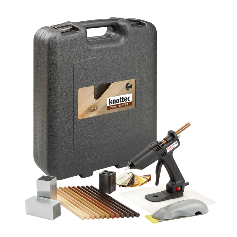 Knottec Light Industrial Wood Repair Kit with hard shell case, mouseplane, aluminum cooling blocks and adhesive.