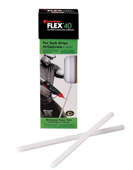 A package of Flex 40 tack strips for concrete, shown with two white translucent strips crossed in front on a plain white background.