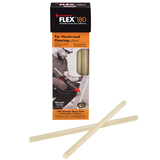 A box of Flex 180 wood filler adhesive with two beige filler sticks placed in front on a plain white background.
